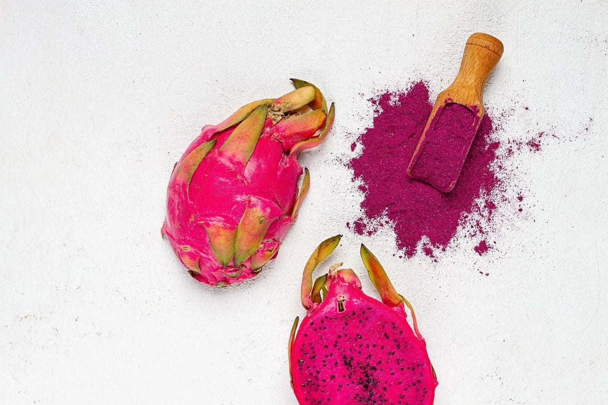 Dragon fruit and pink dragon fruit powder, also called pink pitaya powder